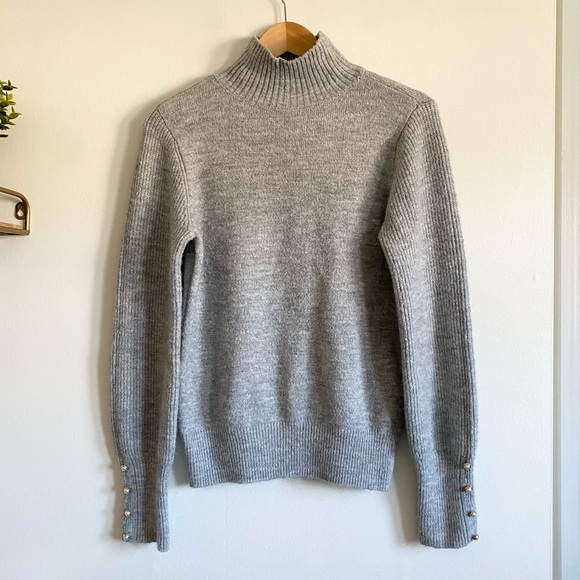 Scoop Knit Gray Turtleneck Sweater with Pearl Accents - Picture 2 of 7